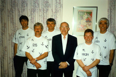 Tim, Denis, stand in drummer Gary Wilcox, Comedian Jim Bowen, Glenn and former bassist Graham Le Poidevin. Back stage at Beau Sejour 1995 after Police Ball function