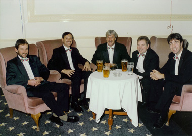 Colin, Martin (then a stand in bassist) Denis, Glenn & Tim at the Hotel de France, Jersey between sets for "The Wooden Spooners" charity event - circa 2000